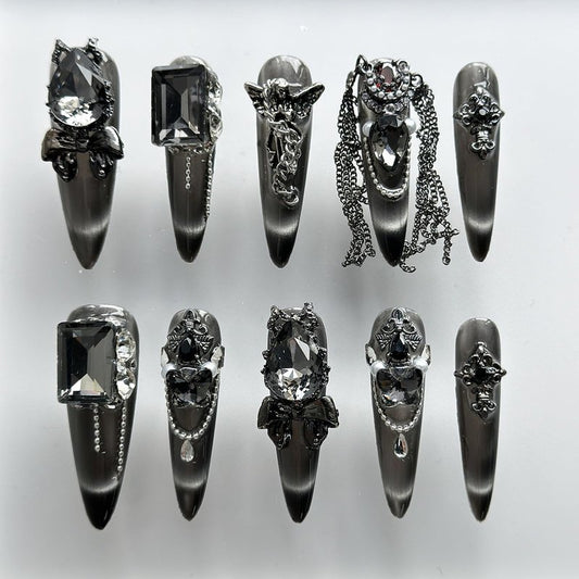 Luxury Press on Nails Long Almond Handmade 3D Unique Reusable ABS Material Fake Nails Black Gothic False with Designs Chain Rhinestones Charms Glitter Glossy Glue on Nails Thick Acrylic Nails(S)