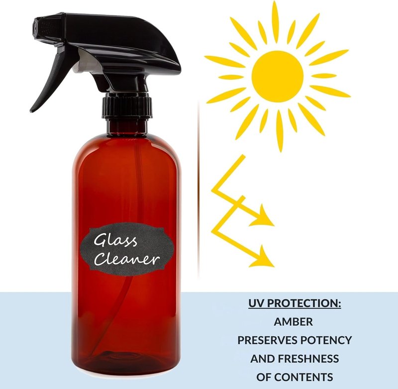 Amber Plastic Spray Bottles - 16oz Heavy Duty Mist & Stream Sprayers | 6-Pack with Chalkboard Labels, BPA-Free