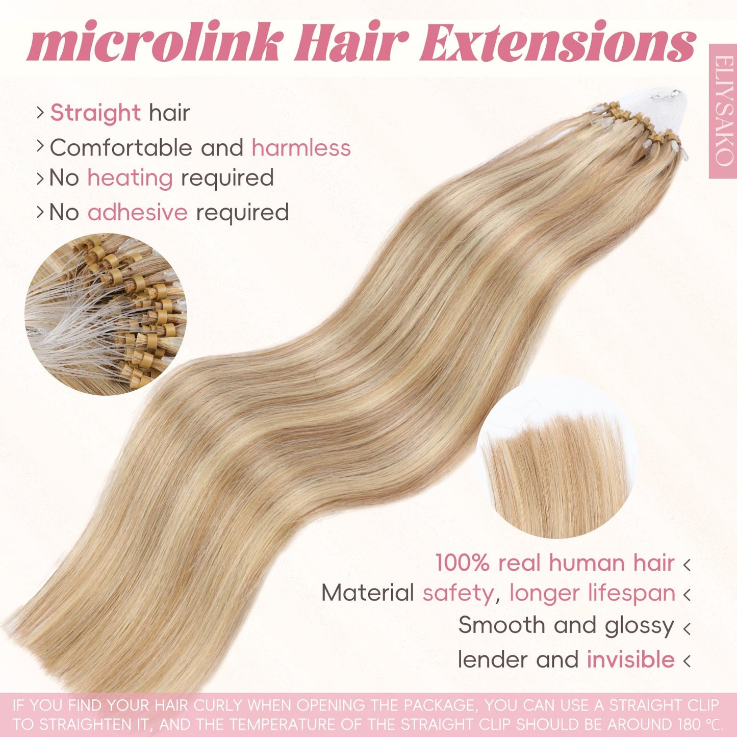 Eliysako Microlink Hair Extensions Human Hair 50g/pack Golden Brown mix Bleach Blonde 18inch Micro Loop Microbead Hair Extensions Real Smooth Human Hair Cold Fusion