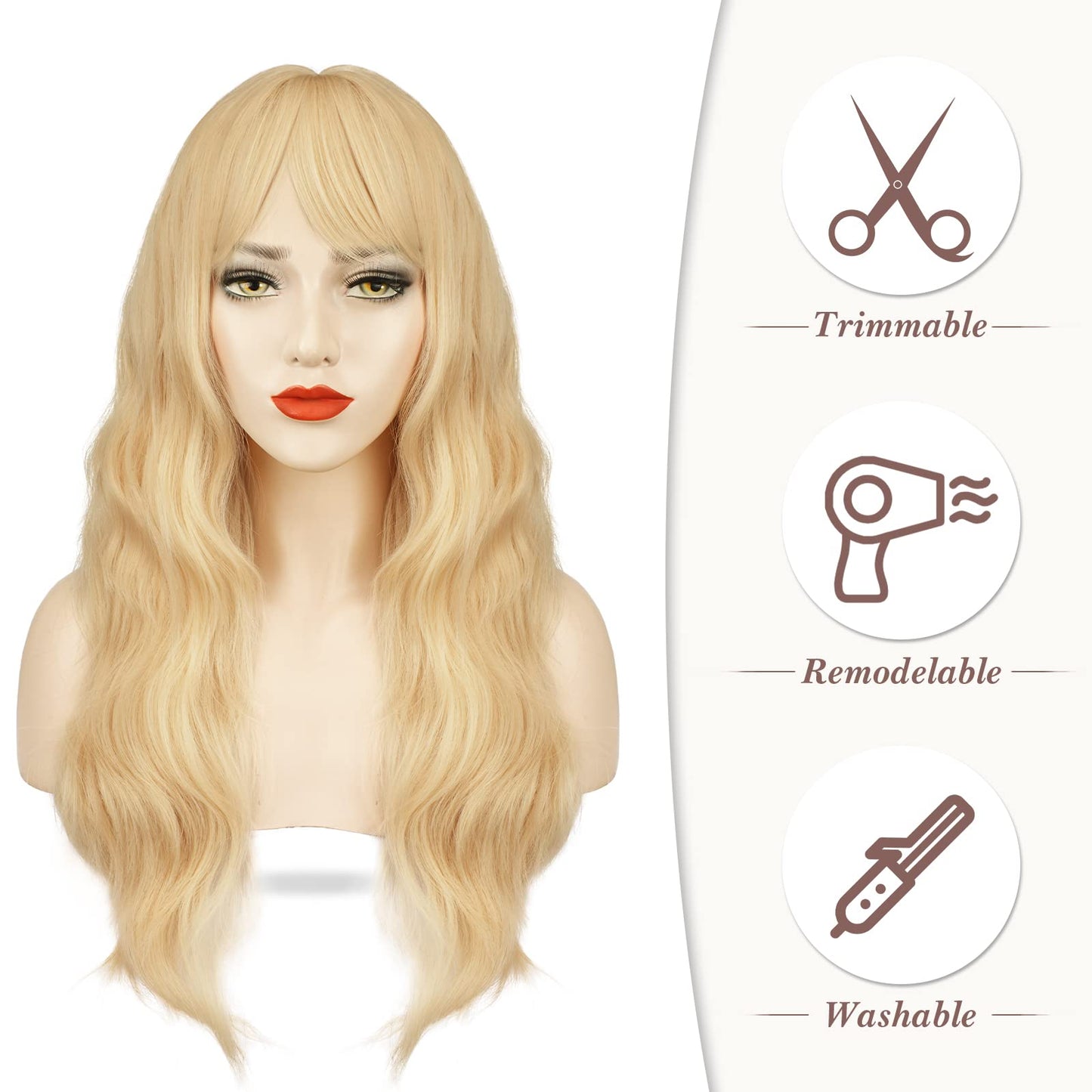 BARSDAR Long Wavy Blonde Wig With Bangs - 26 Inch Long Wavy Blonde Wig with Bangs for Women - Thick Soft Synthetic Hair Replacement Wigs Natural Looking Daily Cosplay Party Halloween