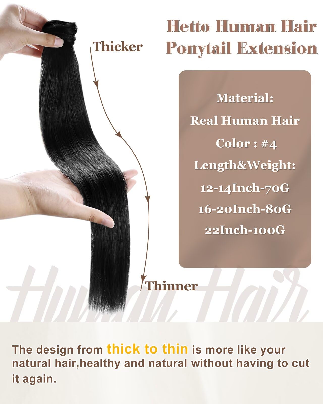 Hetto Ponytail Extension Human Hair Black 12Inch 70g