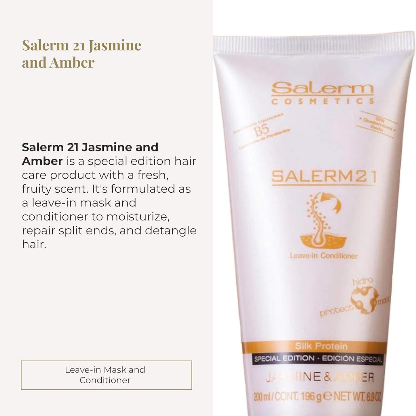 Salerm 21 Leave-In Mask & Conditioner - Jasmine & Amber - Anti-Frizz, Deep Hydration - 200 ml