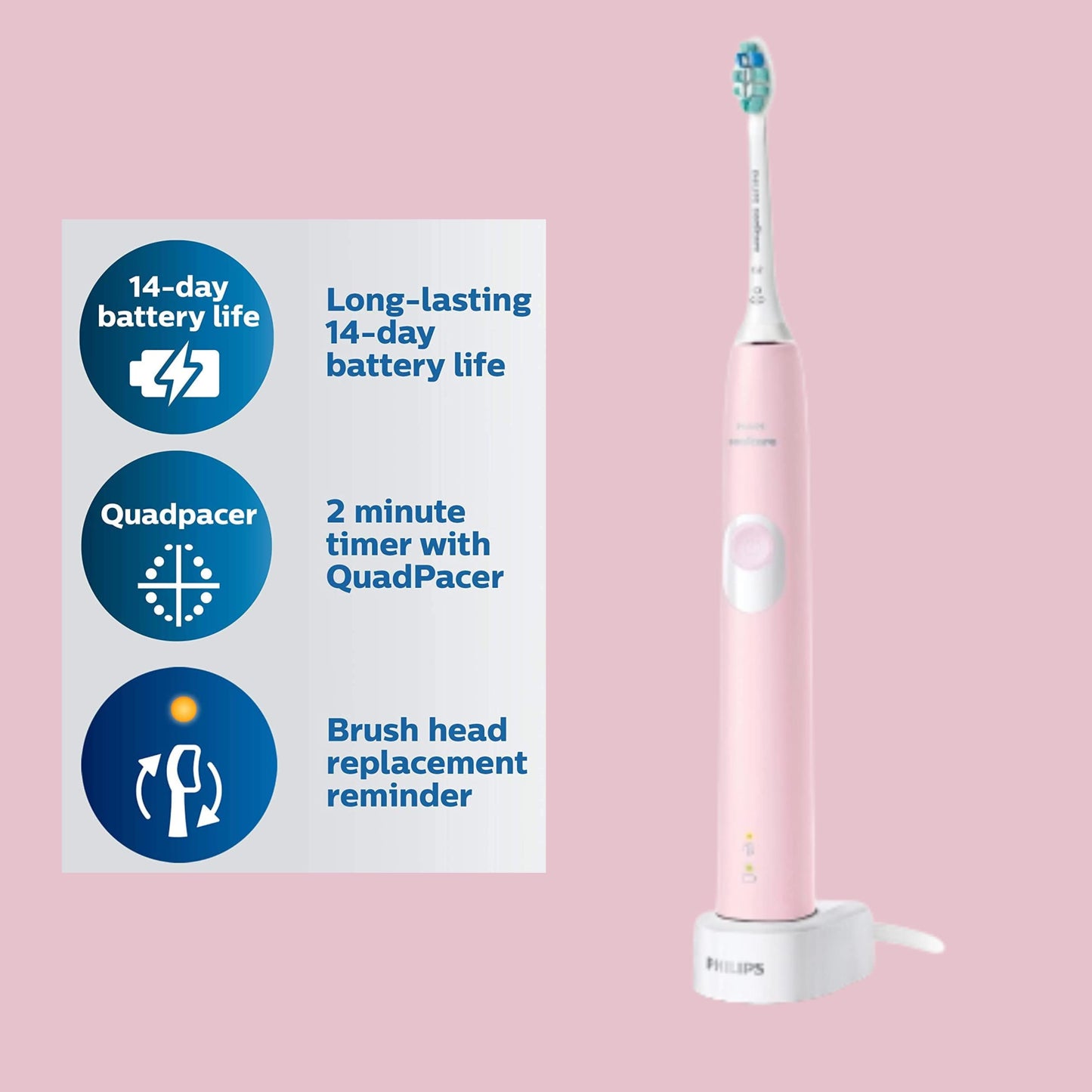 Philips Sonicare ProtectiveClean 4100 Electric Rechargeable Toothbrush, Plaque Control, Pastel Pink, Phi0304, 1.0 Count