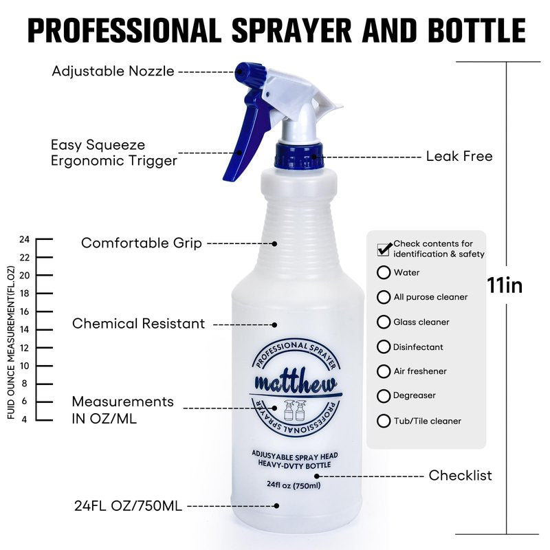 Matthew Cleaning 24 oz Empty Spray Bottles for Cleaning Solutions, All-Purpose HDPE Plastic Spray Bottle for Plants, Detailing, Pet, Hair, Adjustable Nozzle and Measurement, 2 Pack