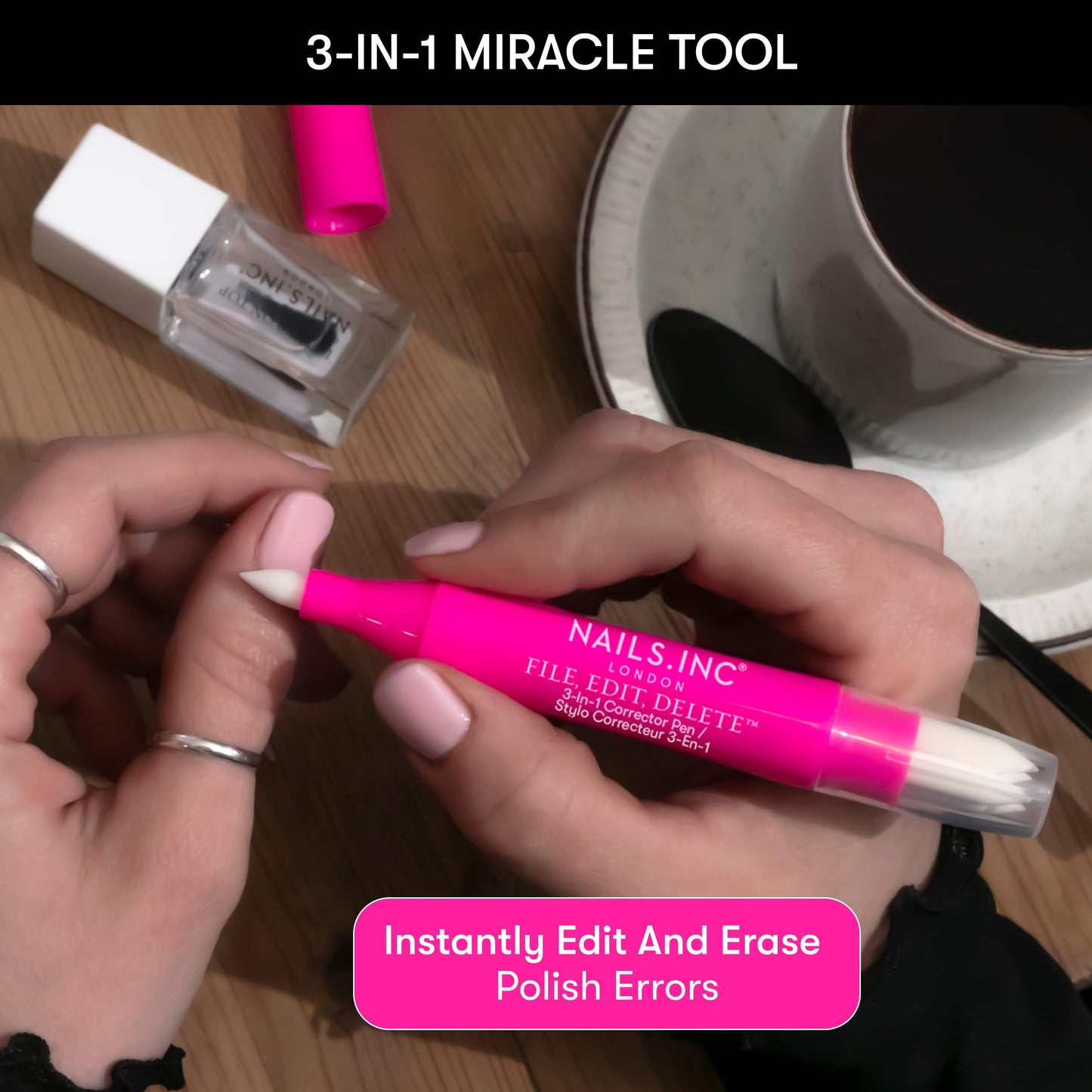 Nails Inc File, Edit, Delete 3-in-1 Corrector Pen, Cuticle Pusher, Nail Shaper, Nail Polish Remover, Precision Pointed Tip, Easy Clean Up, Replaceable Fine Pen Tips, Clean Gentle Formula, 0.13 FL