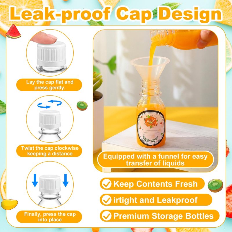 LemonRoad 100 Pcs 2oz Small Plastic Juice Bottles with Black Cap Mini Reusable Clear Shot Jar with Lid Scale and Label for Ginger Liquid Drink Milk Beer Coffee Storage Container Portable Travel