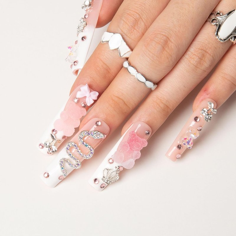 Press On Nails - Gummy Bear Glam with Full Covered Crystals | Reusable Square Mid Length 1.7in