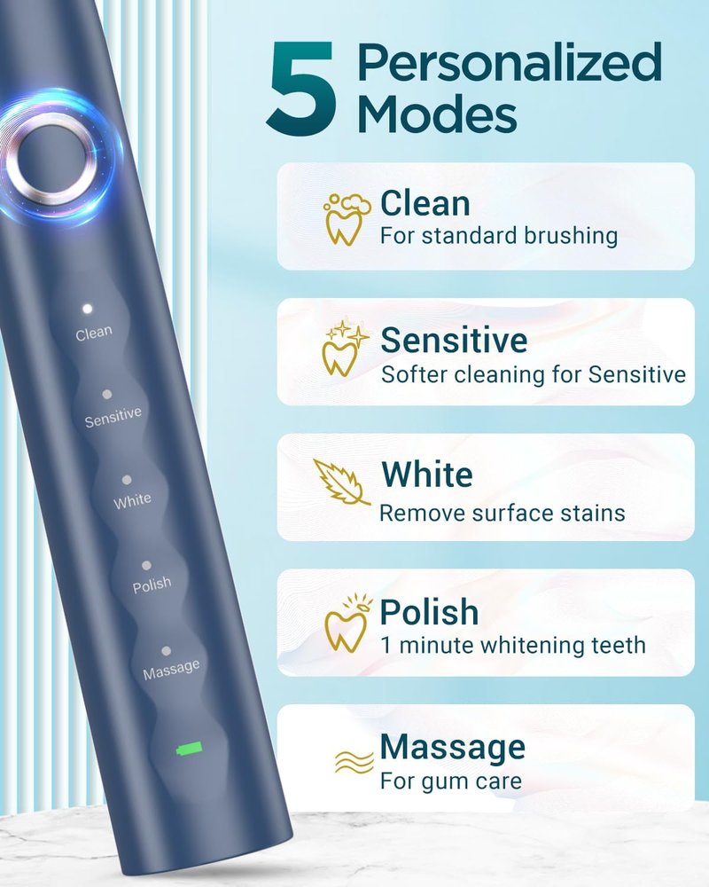 Electric Toothbrush Set - Sonic Rechargeable IPX7 with 8 Brush Heads | Travel Case, 5 Modes, 120 Days Battery Life, Blue