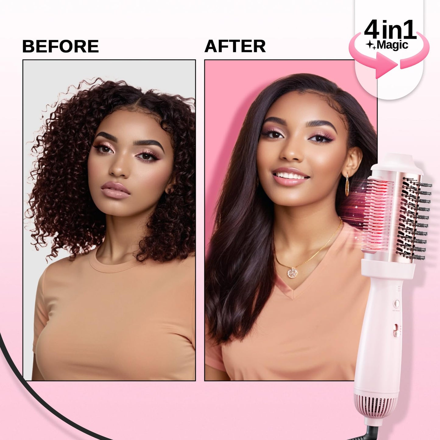 4-in-1 Blow Dryer Brush & Hair Straightener - NOVUS Ionic Hot Air Styler with Titanium Barrel, Volumizer for Frizz-Free Smoothing, Blowout Tool for All Hair Types (Pink)