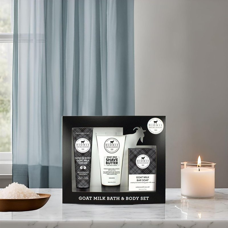 Dionis Goat Milk Shave Butter & Lotion Gift Set - Cedarwood & Sea Salt | 3-Piece Bath Set