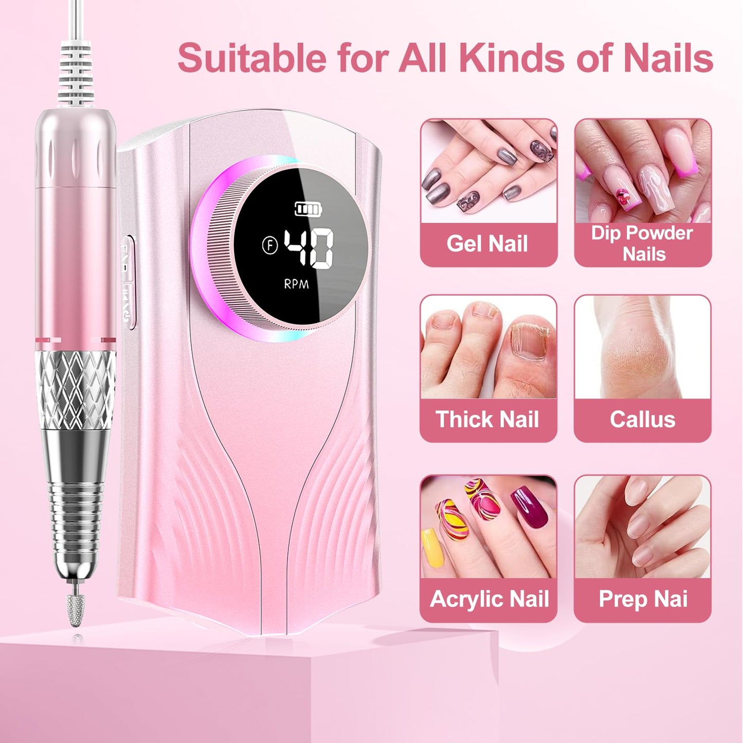 Electric Nail Drill Machine Professional, Cordless Rechargeable Nail Drill Kit Low Heat Quiet E-File for Acrylic Gel Polishing Removing with Bits Kit for Manicure Salon Home (Pink)