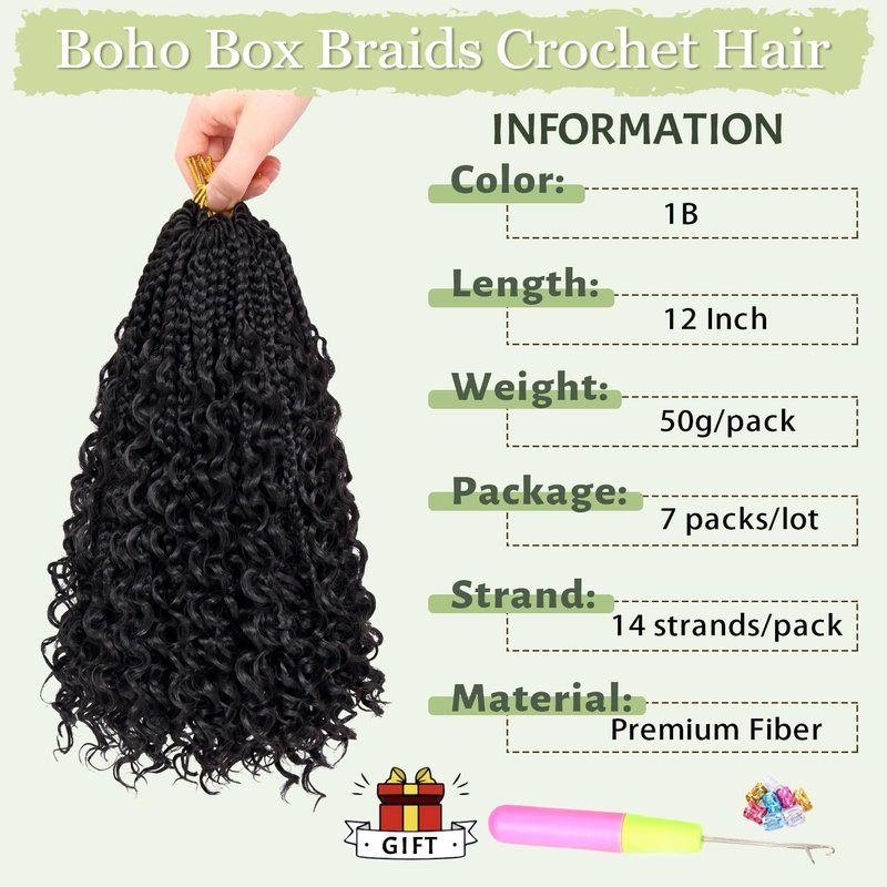 Goddess Box Braids Crochet Hair for Woman 12 Inch 7 Packs Short Pre-looped Crochet Box Braids Curly Ends Bohemian Hippie Braids Synthetic Braiding Hair Extension Natural Black 1B