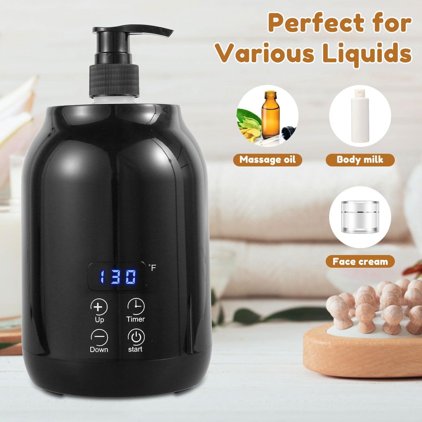 RVEFOT Massage Oil Warmer with Two Bottle Dispenser, Smart Touch Key Electric Lotion Heater for Home SPA, Temperature Adjustable, Lube Cream Gel Warmer (Black)