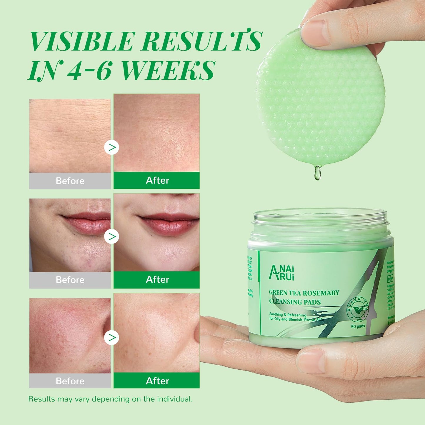 ANAI RUI Green Tea Rosemary Cleansing Pads, 50pcs