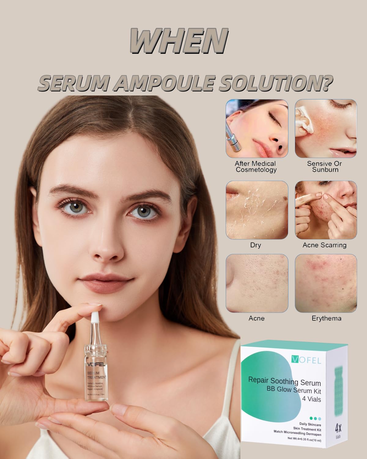 VOFEL Centella Asiatica Serum for Face with Hyaluronic Acid Repair and Centella Serum for Face Moisturizer 0.35 oz 4 Vials Serum Ampoule Set (4pc repair kit)