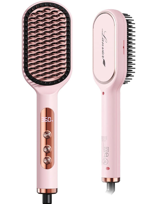 LANVIER Hair Straightener Brush, Ionic Straightening Brush with Infrared, Heated Straightening Comb with Negative Ions, Dense Bristles, 32 Temps, Dual Voltage, Flat Iron Comb for All Hair Type