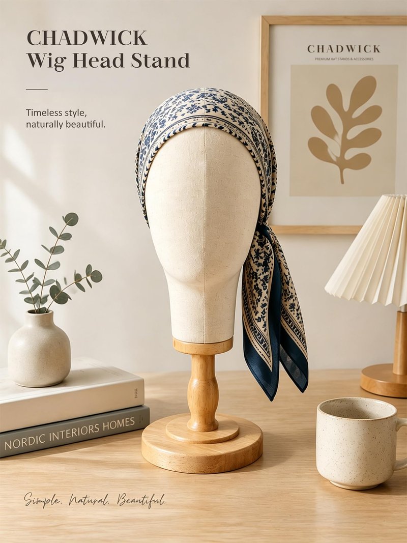 CHADWICK Wig Head Stand Mannequin Head Hat Display Stand Linen Wig Holder, Hat Rack Fabric Head, Canvas Dome + Detachable Wood Stand, Wig Display Model Head Wig Stand for Wigs, Hats, Caps, Headdress