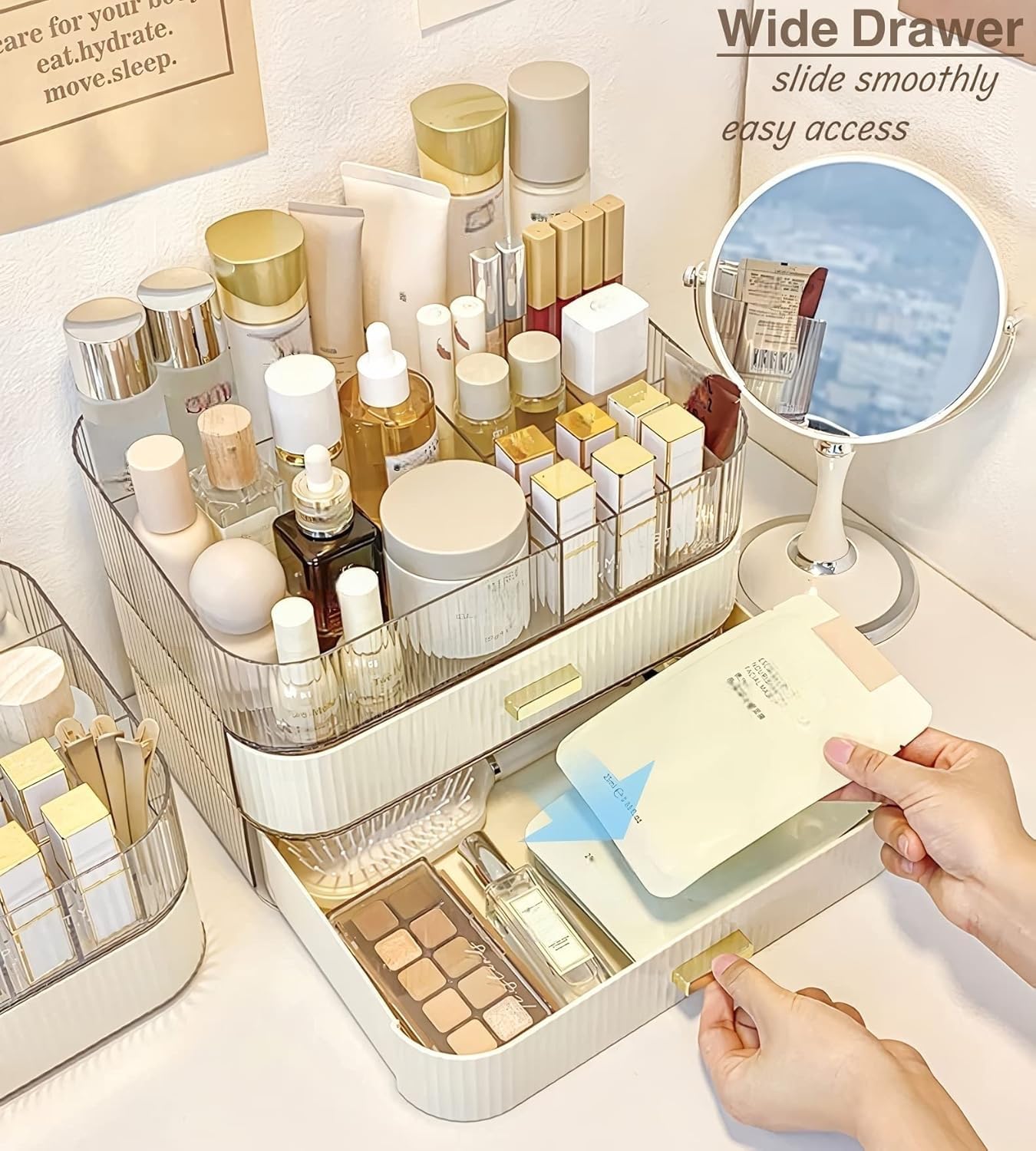 Decorcode Makeup Organizer with Wide Drawer for Vanity, Stackable Cosmetic Organizer Countertop, Clear Skincare Storage for Bathroom Counter, Perfume, Lipstick, Brushes and Palettes, Cream White