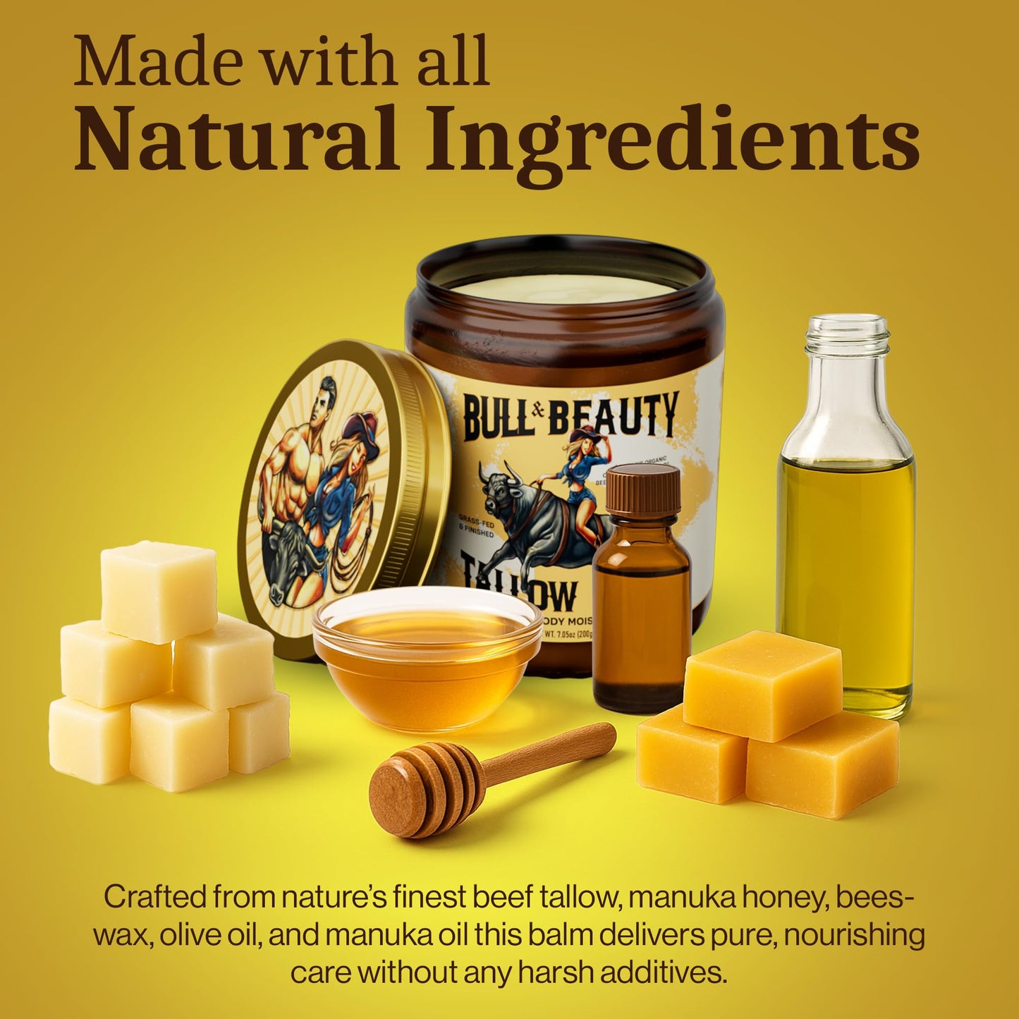 Bull & Beauty Organic Beef Tallow and Honey Balm 7.05oz Organic Beef Tallow for Skin - 100% Grass-Fed Unscented Beef Tallow Moisturizer for Skin & Face with Manuka Honey, Olive Oil & Beeswax