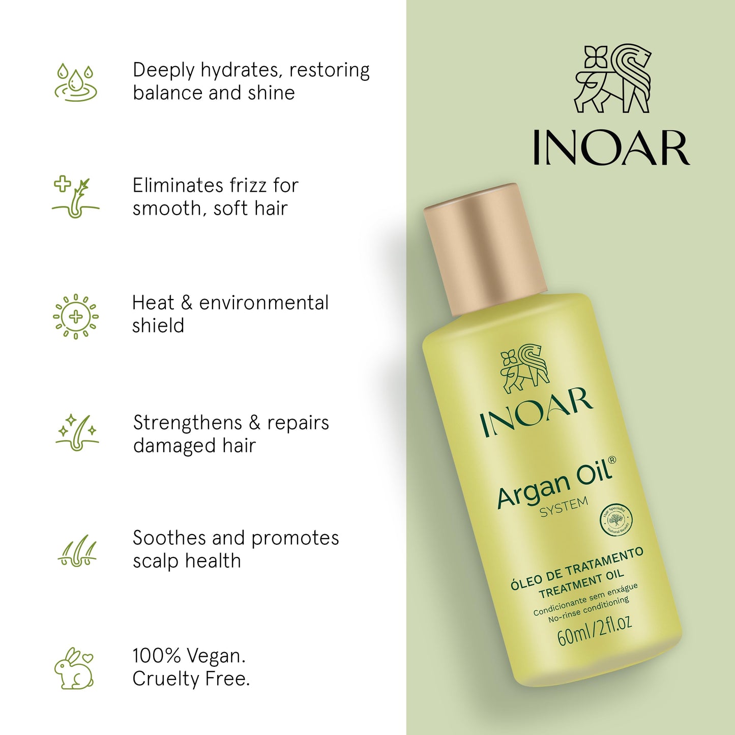 Inoar Argan Oil Hydrating Treatment Oil with Smoothing & Thermal Protection for Hair, Vegan & Cruelty-Free, 2 Fl Oz