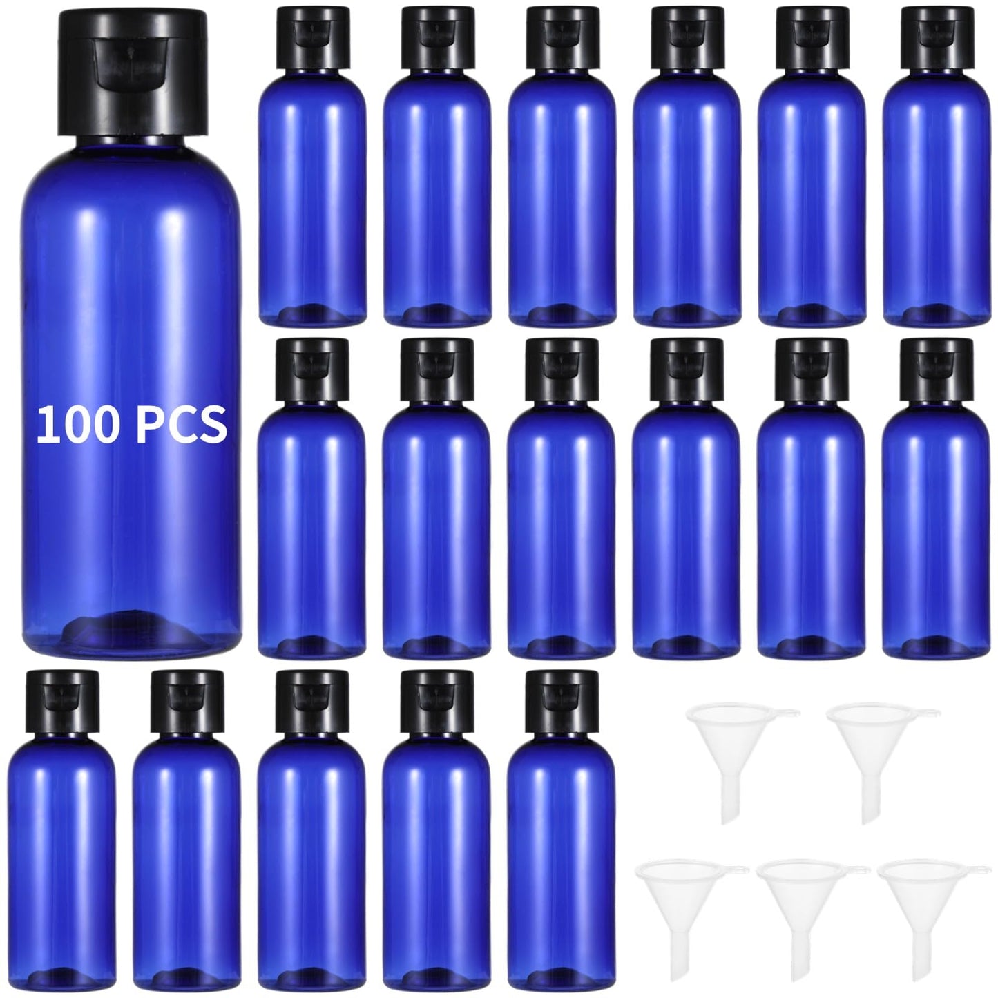 100 Pack 2 oz Plastic Empty Travel Bottles with Flip Cap 60ml Travel Size Containers Portable Leak Proof Clear Plastic Bottles Refillable Dispensing Bottles for Liquid Shampoo Lotion Blue