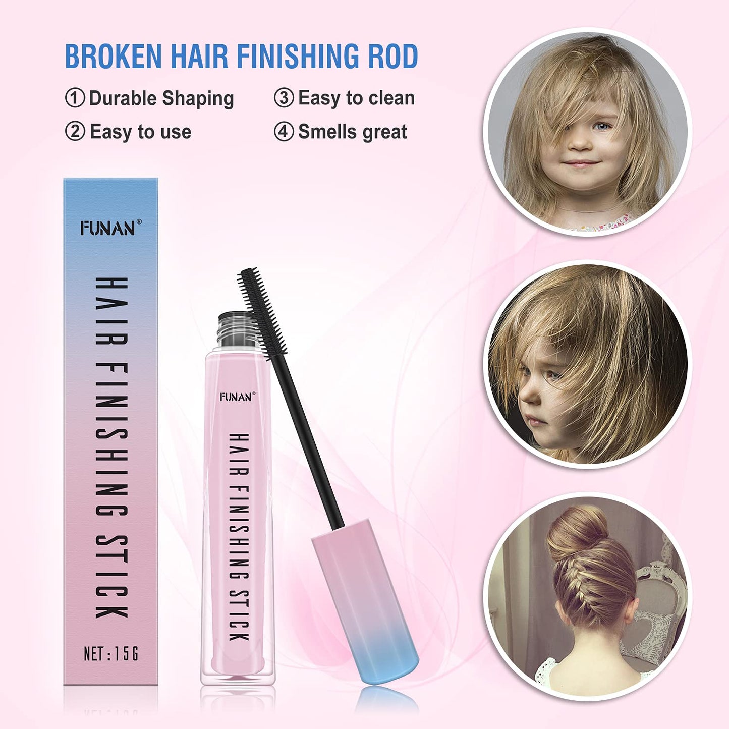 FUNAN Hair Finishing Stick 2 Pack, Flyaway Hair Tamer for Women, Baby Hair & Edge Control Wand, Non-Greasy Hair Mascara for Smooth Buns & Ponytails, Travel Size