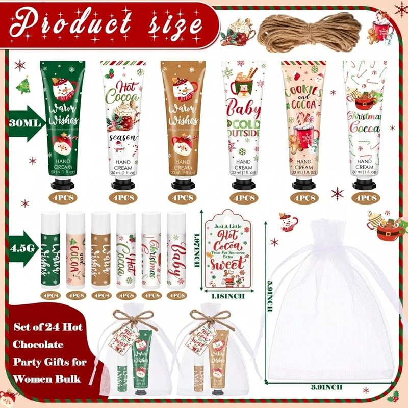 24 Pcs Christmas Hot Cocoa Party Favors - Hand Cream & Lip Balm Gift Set | Red & Green Xmas Stocking Stuffers