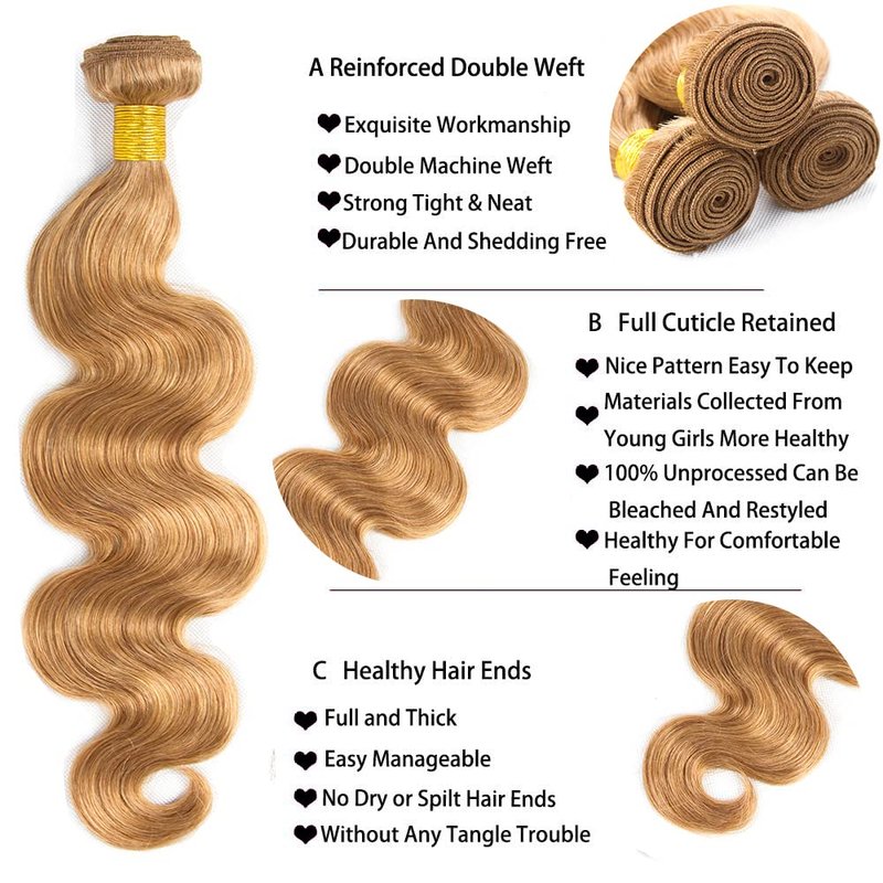 Body Wave Hair Extensions - Honey Blonde Brazilian Virgin Human Hair Bundle | 12 Inch, 50g