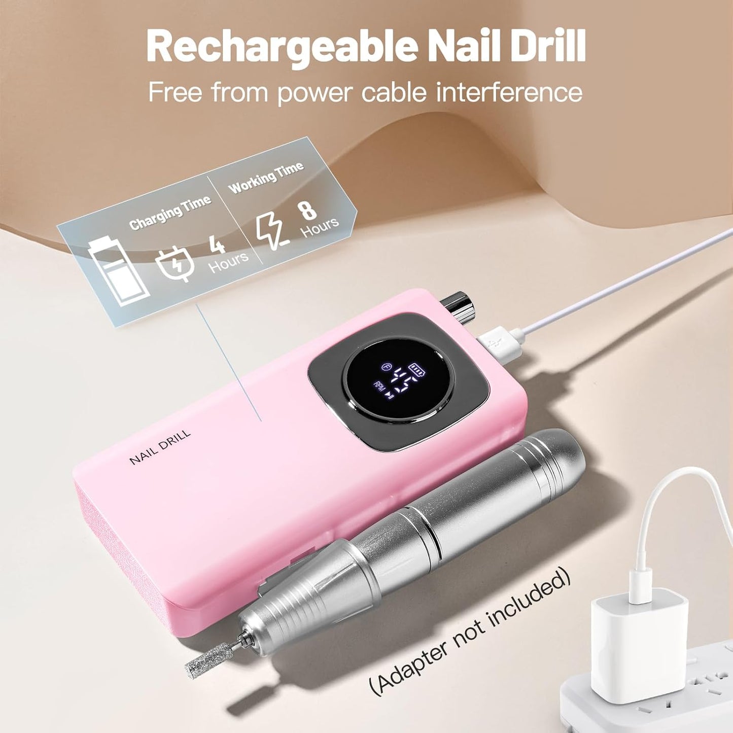 Rechargeable Electric Nail File - 45000RPM Portable Efile Nail Drill Kit for Acrylic Gel Nails | Cordless Pink Nail Drill for Salon & Home Use