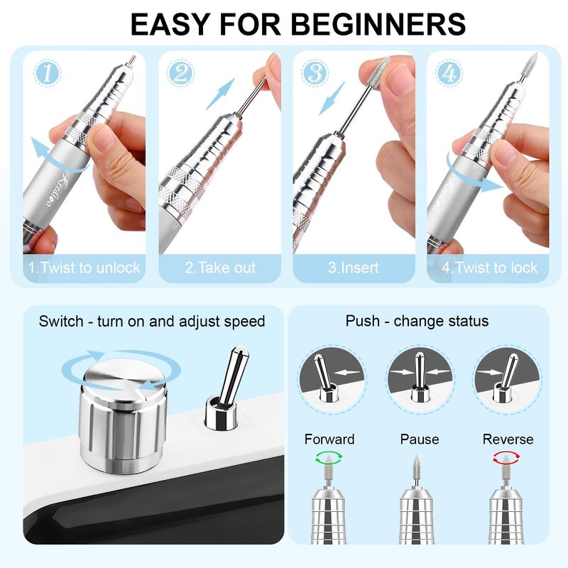 Kredioo Portable Nail Drill 35000 RPM, Rechargeable Electric Nail File E File Kit with Storage Bag Professional Manicure Kit for Nail Lovers Salon Home DIY -White