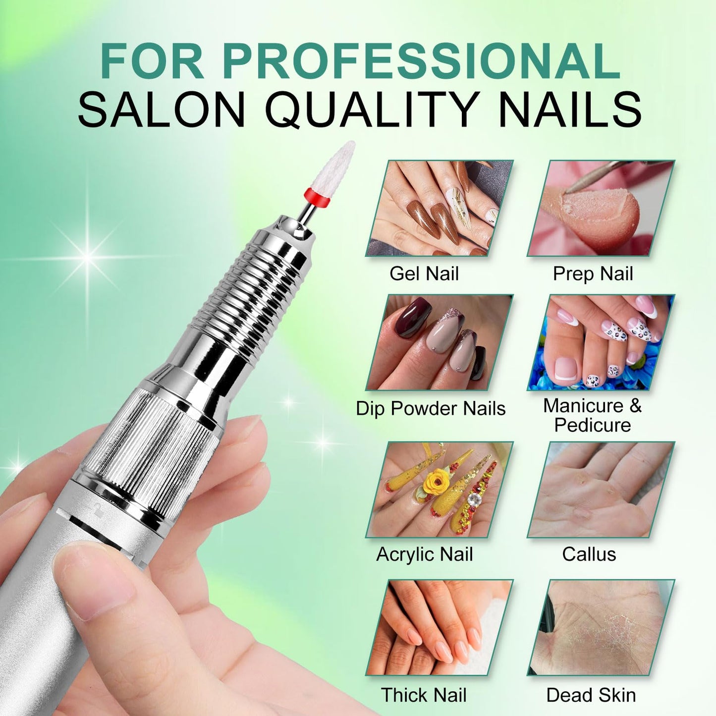 LIMEGIRL Electric File Nail Drill Professional 35000RPM Green Nail File with Rechargeable Base & Bits Nail Drill Bit Nail Files and Buffers for Acrylic Nail Remove Nail Tech Must Haves for Salon Home