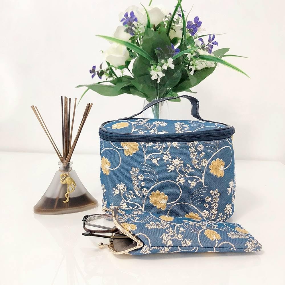 Signare Tapestry Toiletry Bag Makeup Organizer bag for Women with Jane Austen Blue Design (TOIL-AUST)