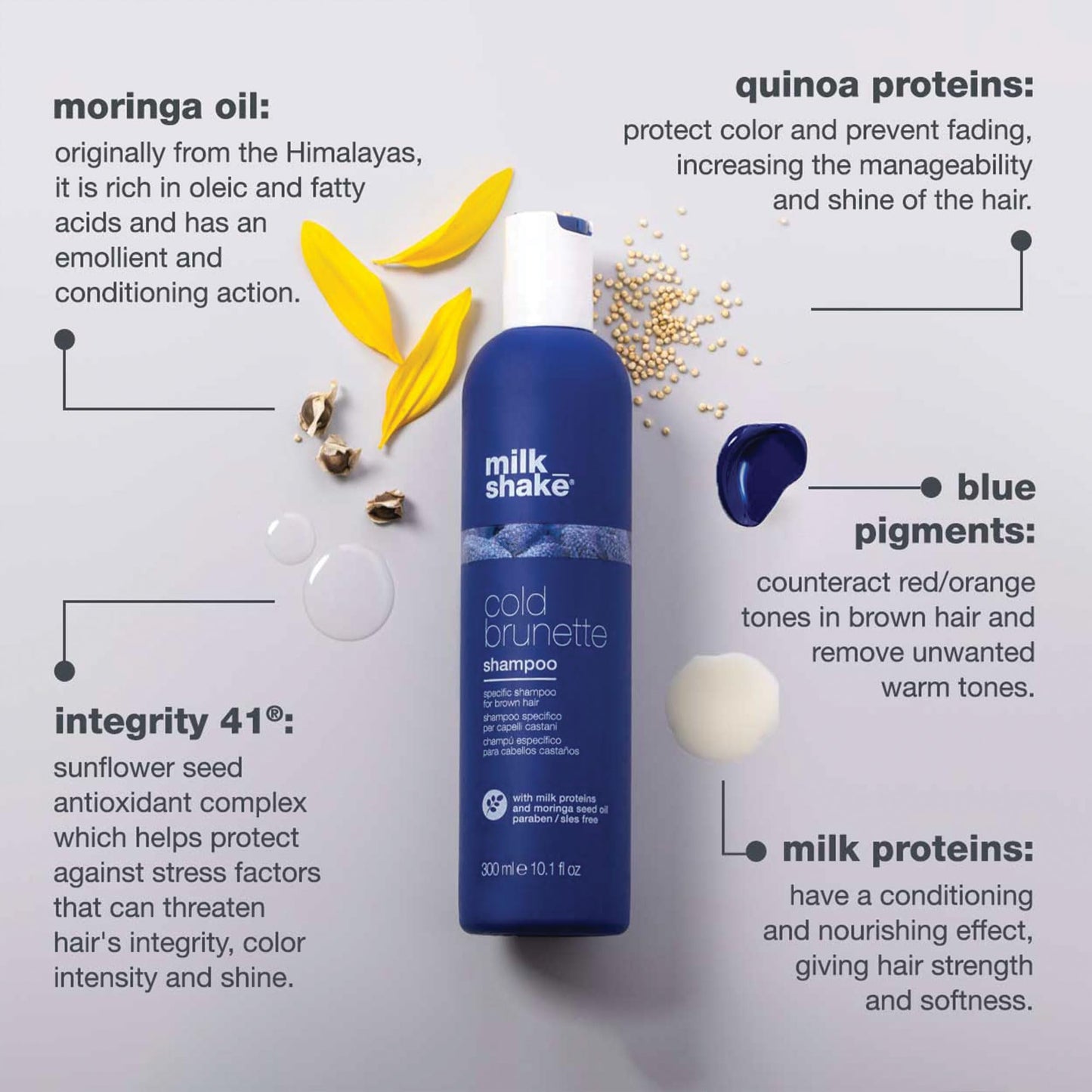 milk_shake cold brunette shampoo | toning shampoo with blue pigment to neutralize orange and red in brunette hair | strengthens, boosts shine, and extends color | SLS/SLES-free