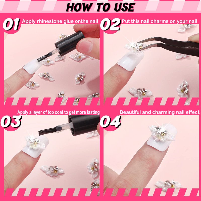Tinlade 50 Pcs White Flower Nail Charms 3D Acrylic Flower Beads for Nail Gems and Rhinestones with Pearl Beads Crystals Blossom Art Accessories for Women DIY