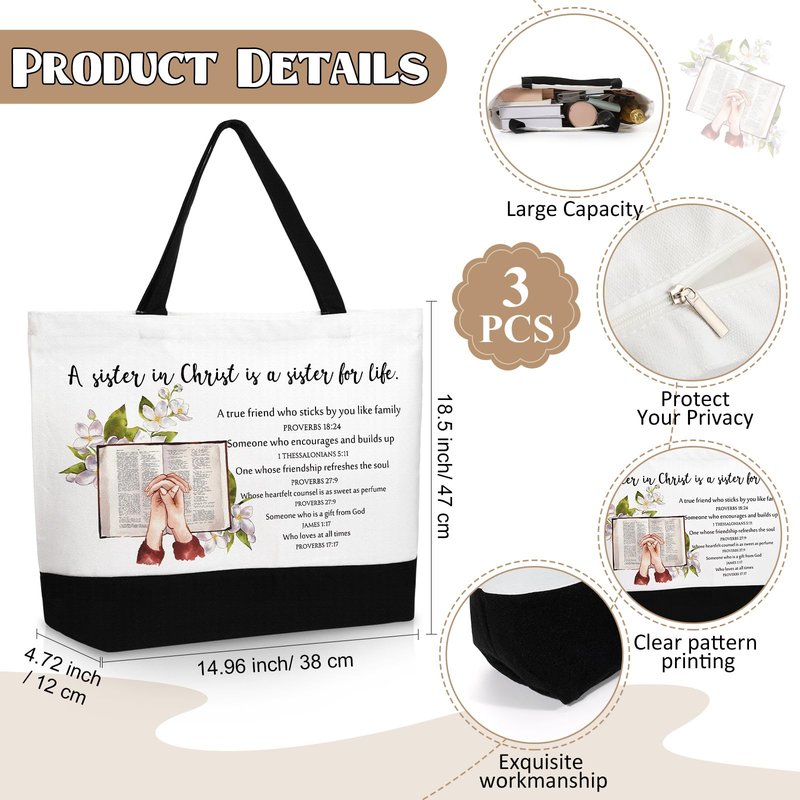 Paterr 6 Pcs 250th Anniversary Christian Tote Bags for Women, Bible Tote Bag and Canva Makeup Bag Inspirational Gifts for Teacher Nurse Ladies Sister Birthday Friendship Old Maids (Sister in Christ)
