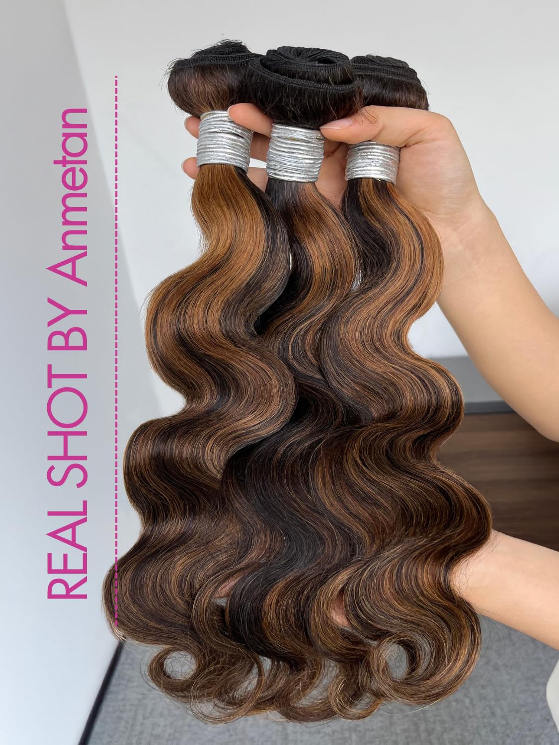 Anmetan F1B30 Highlight 14 Inch Bundles Human Hair Body Wave, 12A Thick Remy Hair Honey Blonde Highlight Black and Brown Single Wavy Bundle 100% Unprocessed Brazilian Human Hair Bundles Balayage Color