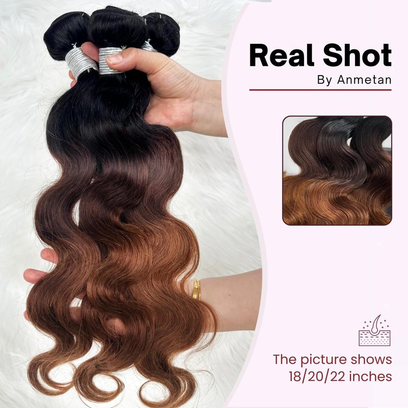ANMETAN Dark Brown Ombre Body Wave Bundles Human Hair, Thick 12A Chestnut Brown T1B/2/30 3 Tone Ombre Color Human Hair Single Bundle with Dark Root 100% Remy Hair Bundle Keep Soft after Washes 16 Inch