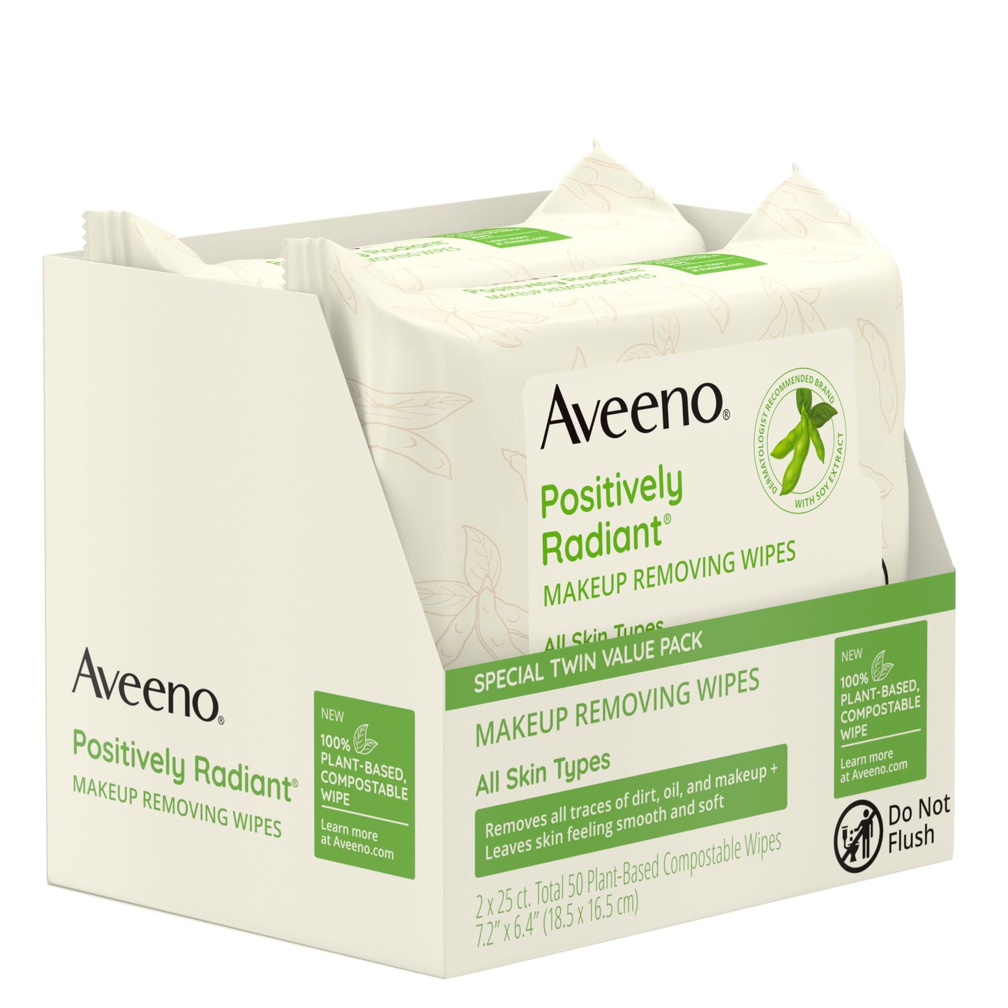 Aveeno Positively Radiant Makeup Remover Wipes, Oil Free, Alcohol Free, Non-Comedogenic Facial Cleansing Wipes, Gentle Face Wipes for Sensitive Skin, Travel Makeup Wipes, Twin Pack, 2 x 25 Ct