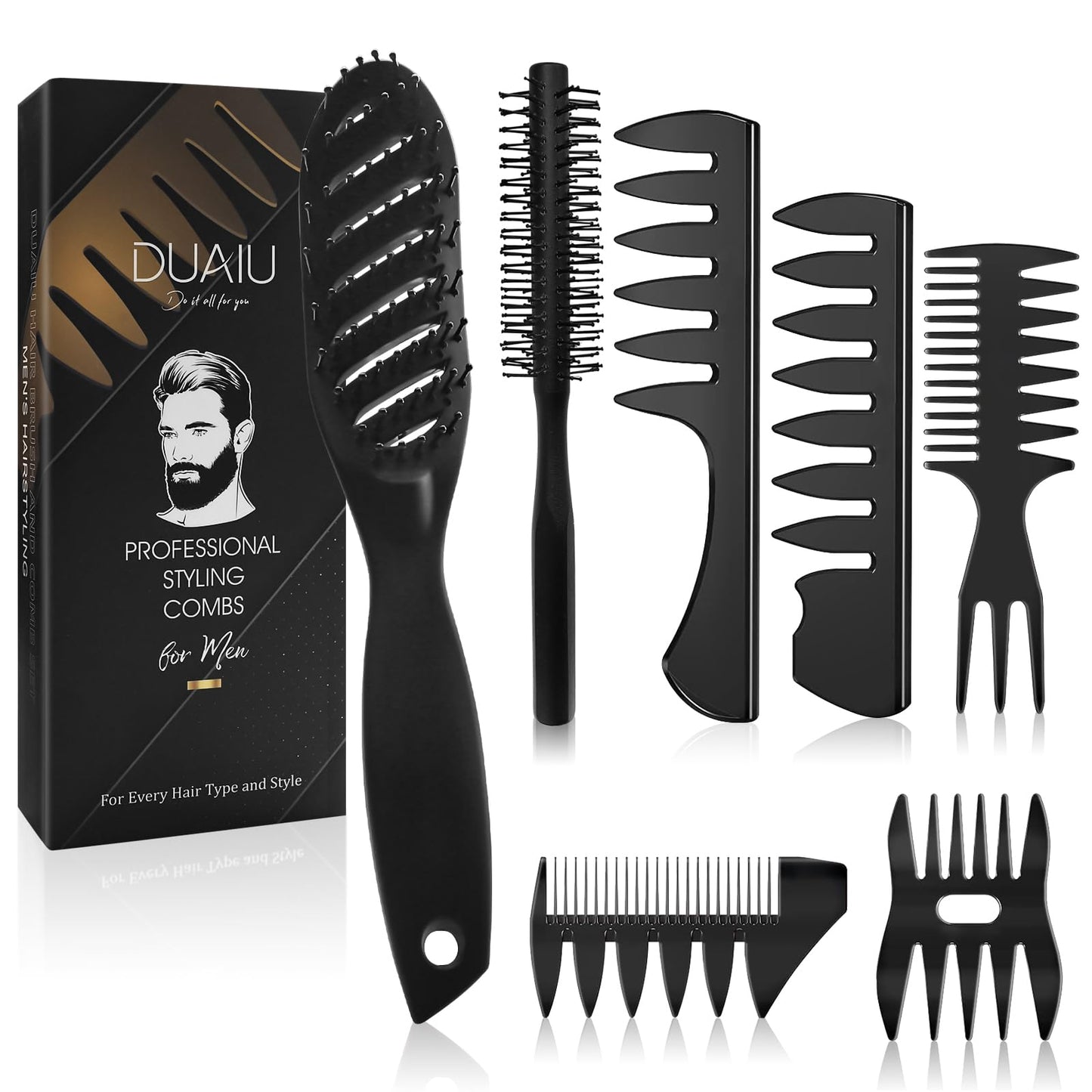 Hair Brush for Men, DUAIU 7Pcs Combs for Men, Hair Styling Comb Set with Vent Hair Brushes, Quiff Round Hair Brush, Wide Tooth Combs, Texture Comb for Blow Drying, Detangling, Grooming, Hairdressing