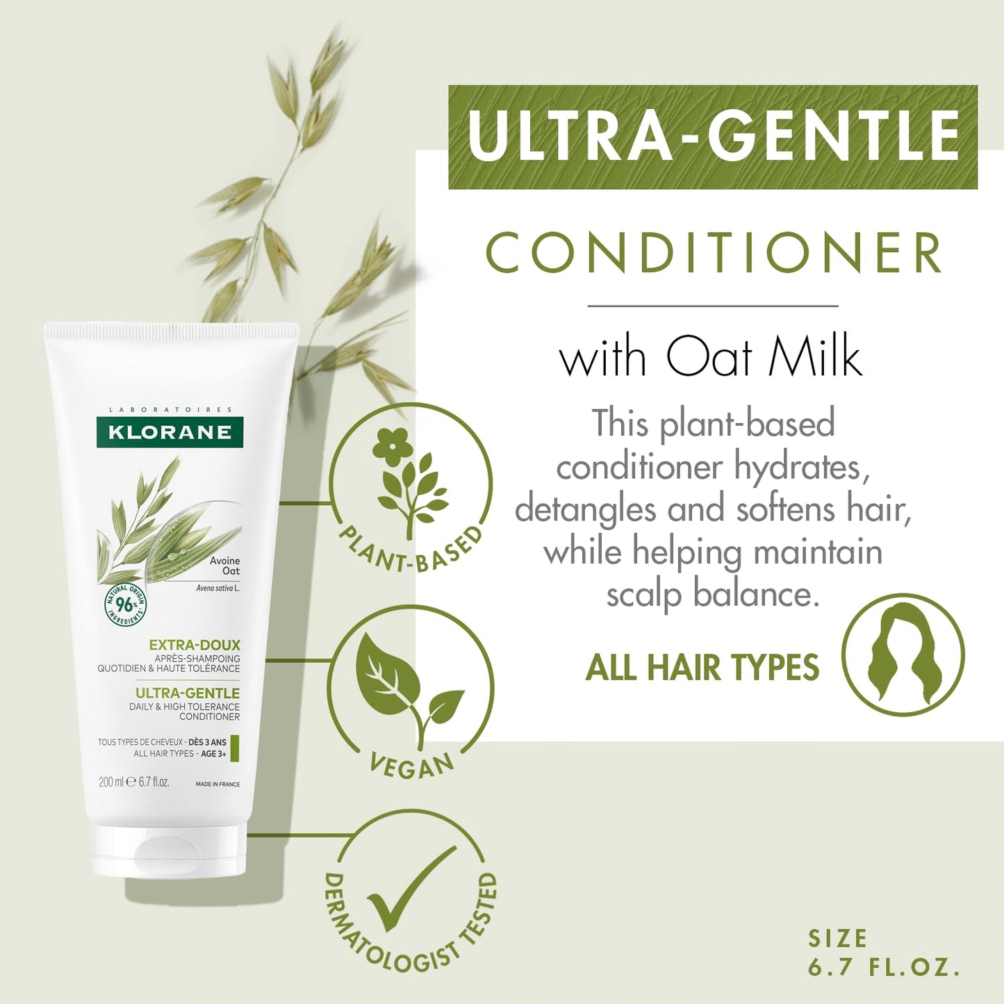 Klorane Ultra-Gentle Conditioner with Oat Milk - Sulfate-Free - Dermatologist and Pediatric Tested - Hypoallergenic, Vegan, Plant-Based Formula - High Tolerance Formula for Whole Family - 6.7 fl. oz.
