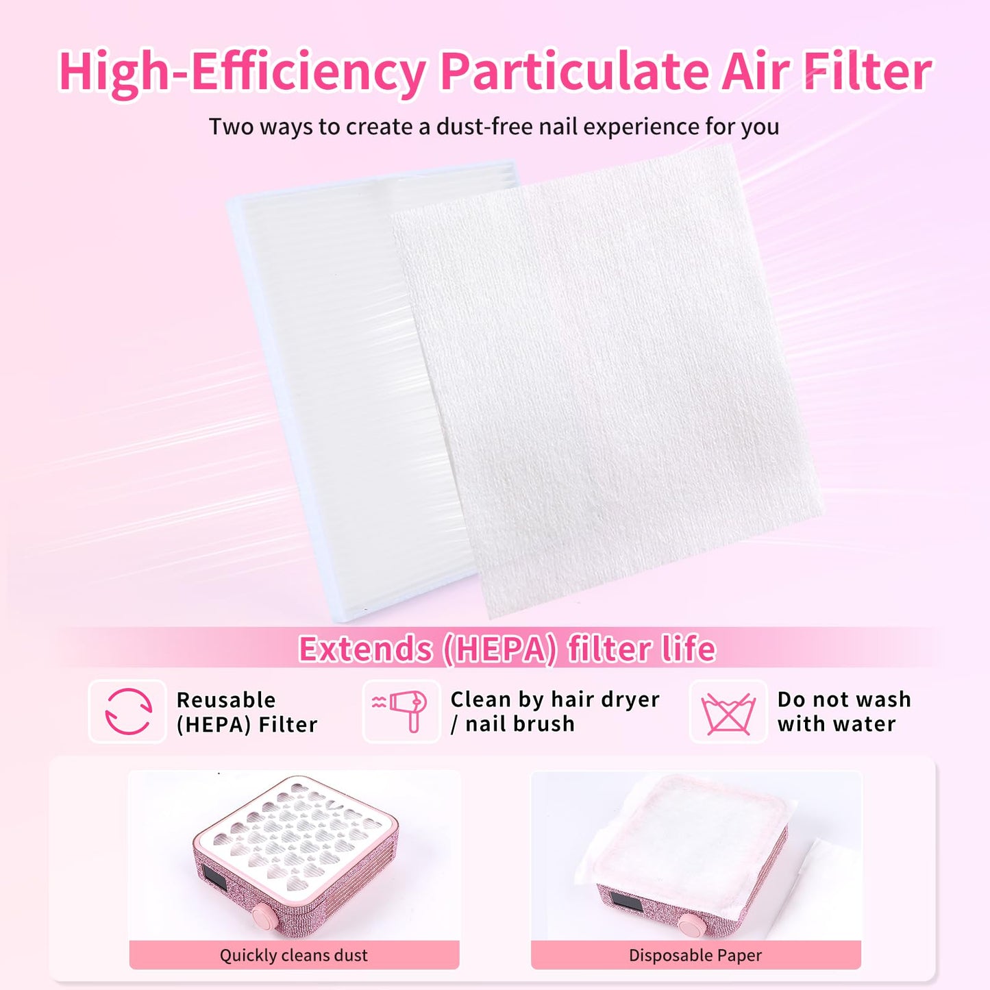 BQAN Portable Nail Dust Collector with 4200RPM Fan Pink Rhinestones
