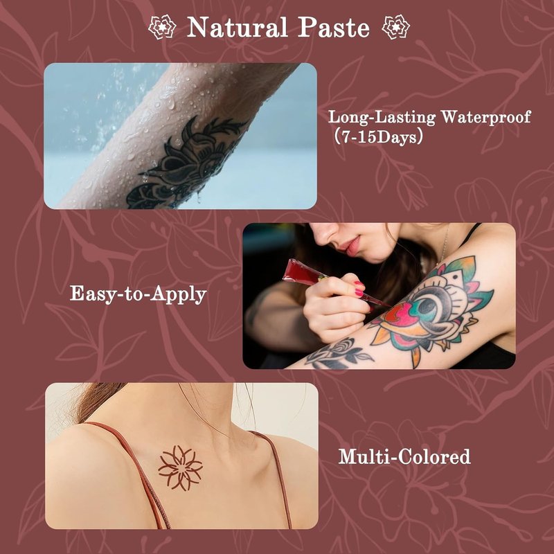 Temporary Tattoo Stencils Kit - 4 Pcs Tattoo Cones in Black, Maroon & Brown | Includes Outline Pen, Cotton Swabs & Brush for Fun Family Parties