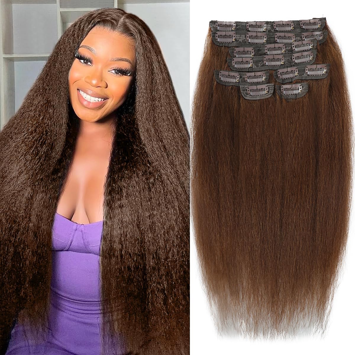 18 Inch Brown Kinky Straight Clip in Hair Extensions Real Human Hair for Black Women 100g Yaki Straight human hair clip in extensions double weft