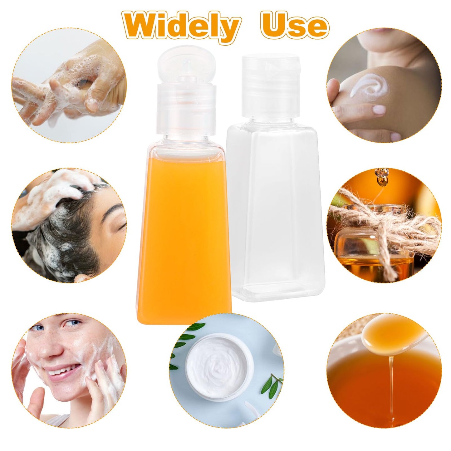 100PCS Travel Size Bottles 1oz Plastic Mini Bottles 30 ml Empty Clear Small Trapezoidal Portable Travel Bottle, Refillable Cosmetic Containers with Flip Cap for Liquid, Lotions, Toner, Body Soap