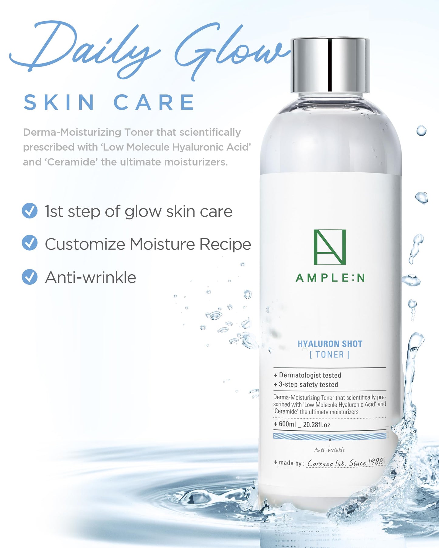Ample:N Hyaluron Shot Toner – Korean Hyaluronic Acid and Ceramide Hydrating Face Toner - Moisturizing Essence for Minimizing Wrinkles – Dewy Healthy Glow Skin Booster for Dry Skin, 20.3 fl.oz.