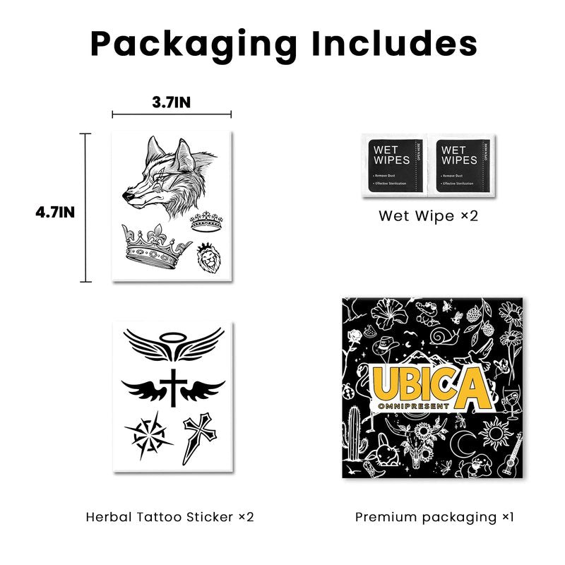 UBICA Semi Permanent Tattoos, 2 Sheets Realistic Temporary Tattoos for Men, Fake Tattoos for Hand Arm Wrist Ankle, Waterproof, No Reflective, Lasts 2 Weeks (Wolf Head Crown & Cross Angel Wings)