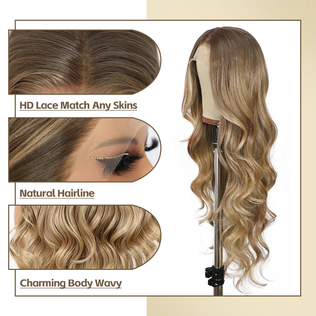 Blonde Lace Front Wig - 13x4 Long Wavy Synthetic Hair with Ash Blonde Tips | 26 Inch Pre-Plucked Natural Hairline for Daily & Party Use