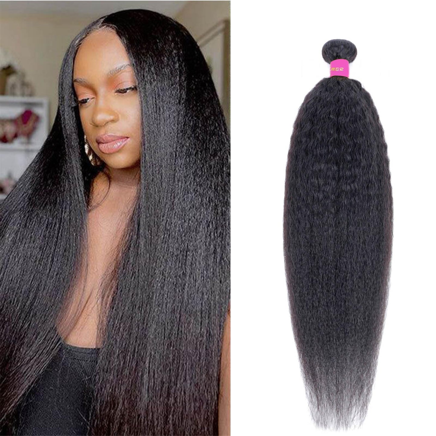 DAIMER Kinky Straight Human Hair Weave Unprocessed Virgin Hair Brazilian Yaki Straight Bundle Human Hair Weft Real Hair Extensions 16 Inch Natural Color