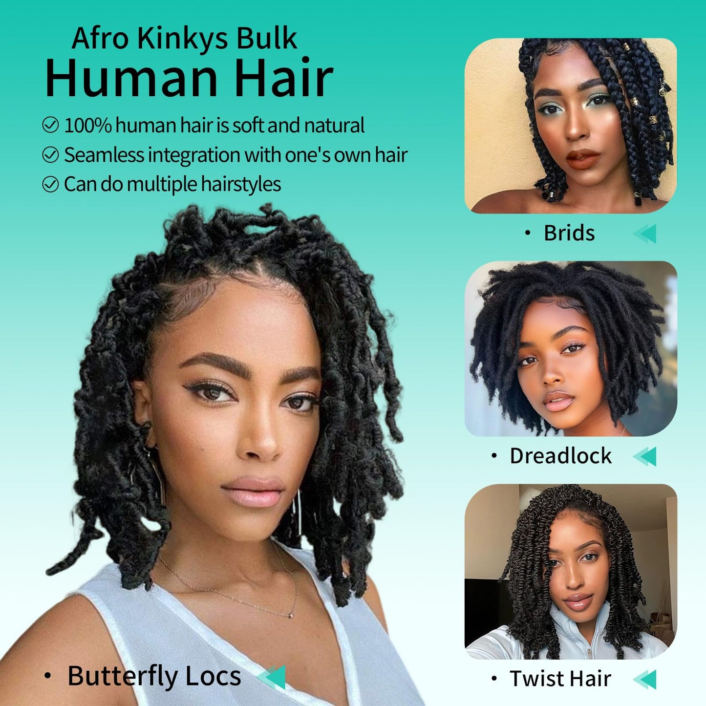 Afro Kinkys Bulk Human Hair for Dreadlocks Extensions Repair Lose,Twists,Braids 1B 4C Afro Kinky Curly Human Hair No Short Hair 50g/Pack 1B 18 Inch