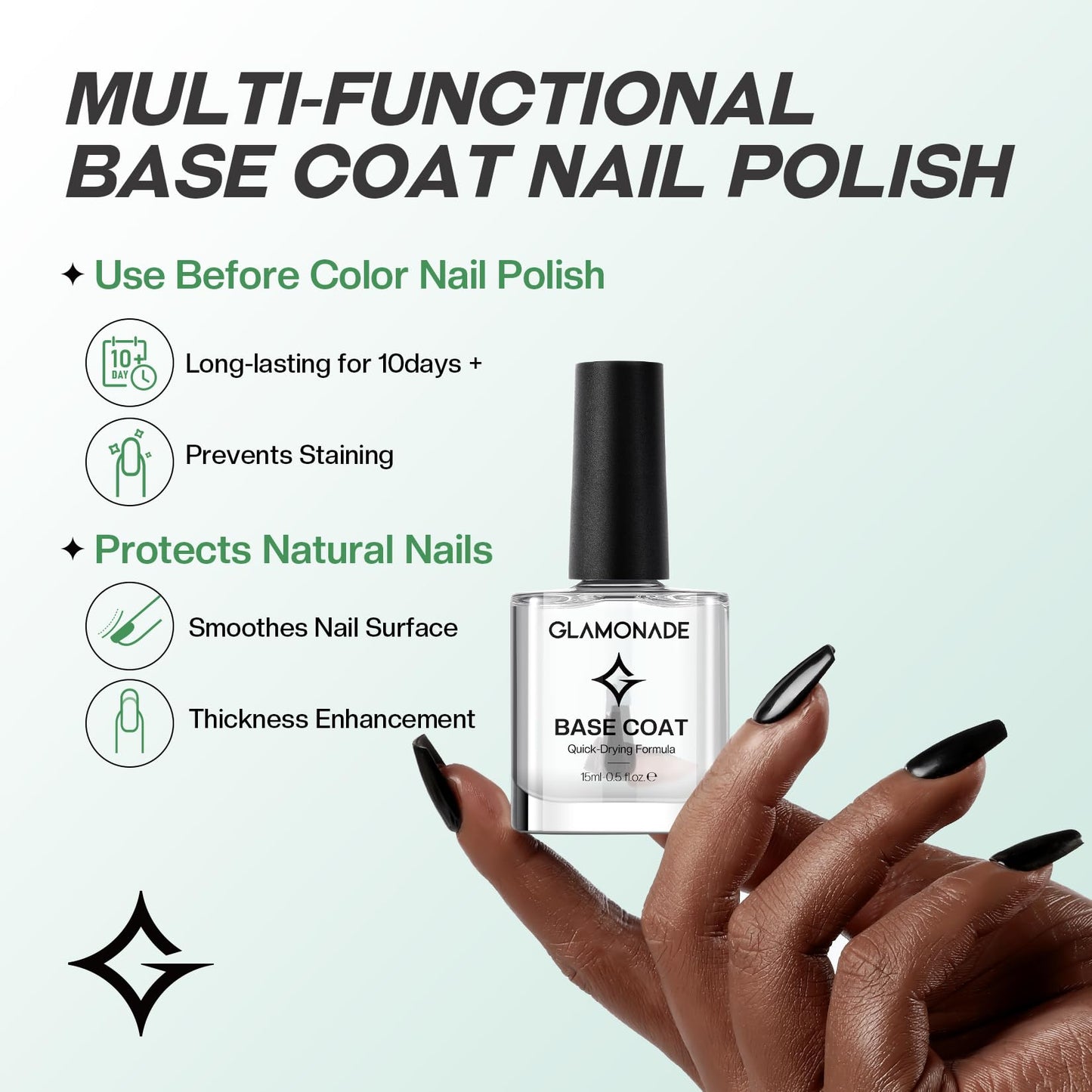 Glamonade Base Coat Nail Polish Clear: Quick Dry Nail Polish Long Lasting Fingernail Toe Polish Color Strengthener Natural Nail Repair 0.34 fl oz Nail